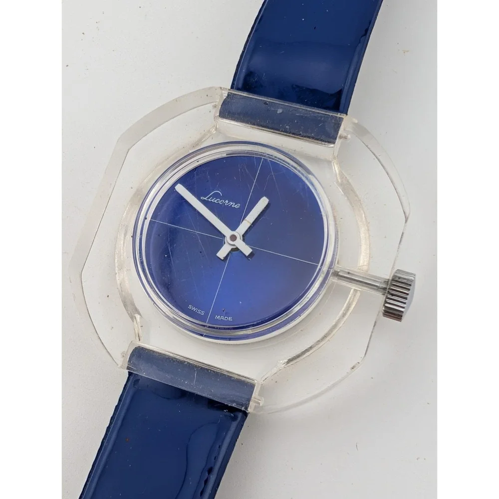 Vintage Lucerne Swiss‎ Mechanical Watch 38mm Acrylic Case Blue Dial- Working